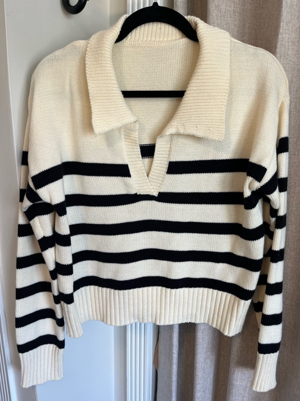CIDER Women’s Cream and Black Striped Polo Sweater